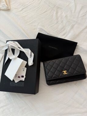 CHANEL Black Quilted Caviar Leather Wallet with Gold CC Turn Lock
